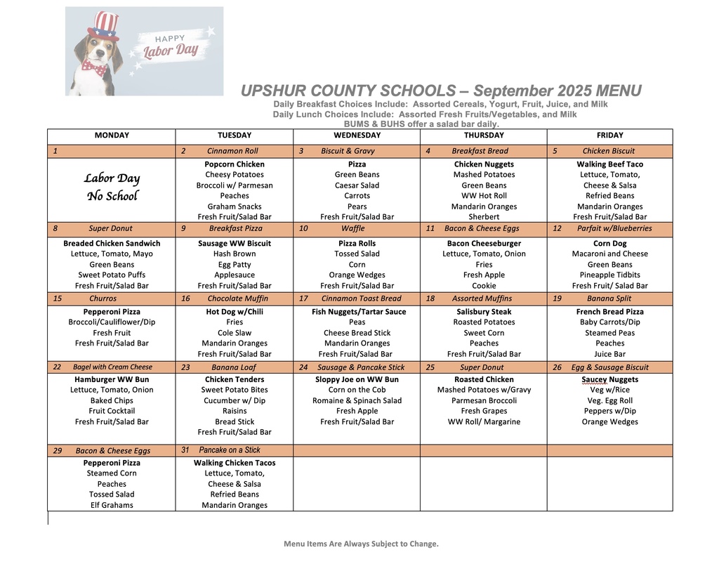 September 2025 Menu