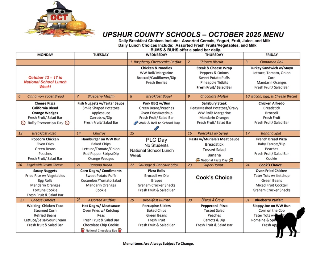 Upshur County Schools--October 2025 Menu 