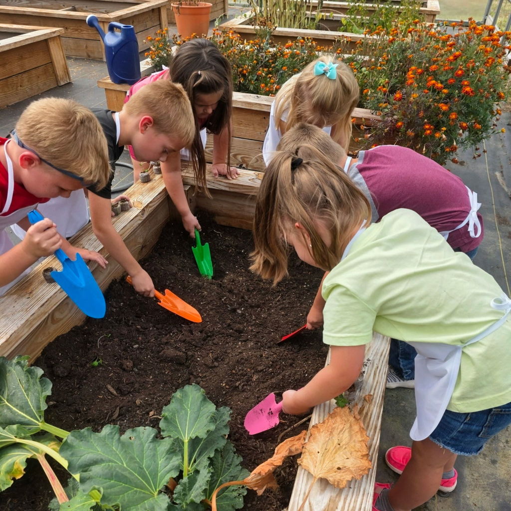 Kindergarten students in greenhouse