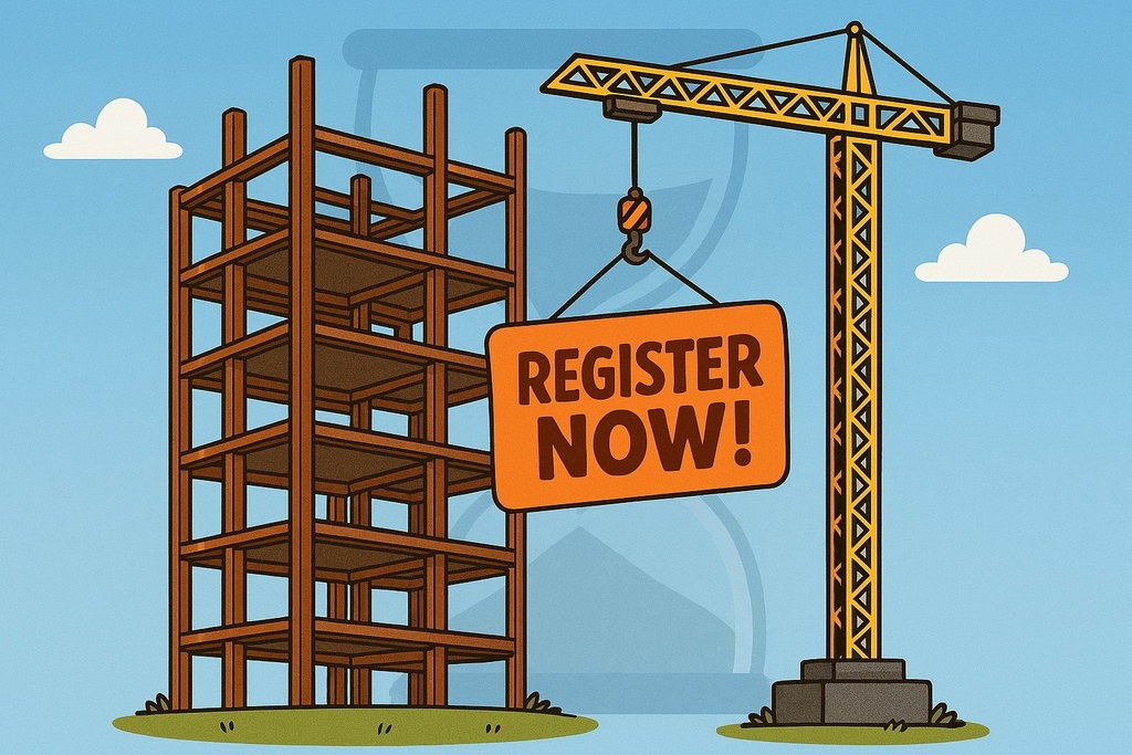 A crane lifting a sign next to a building that says register now