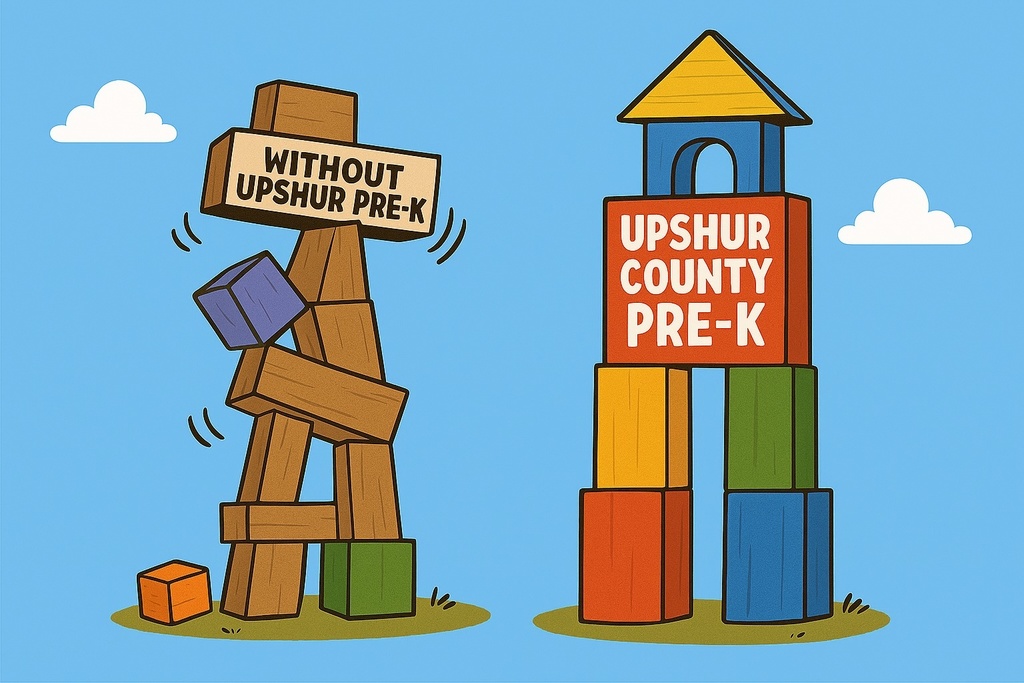 Cartoon blocks stacked ontop of one another. Left side is wobbling and states without Upshur Pre-K and the block tower on the right says Upshur County Pre-K and is built strong.