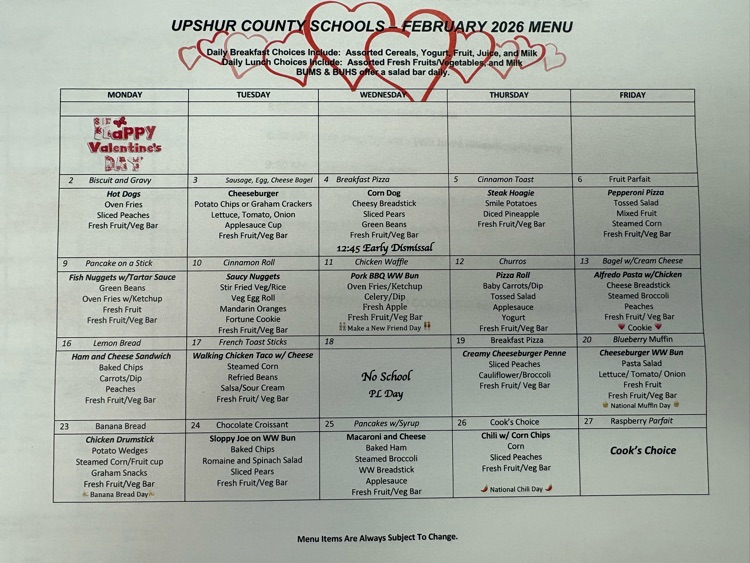 Upshur county lunch menu for February 