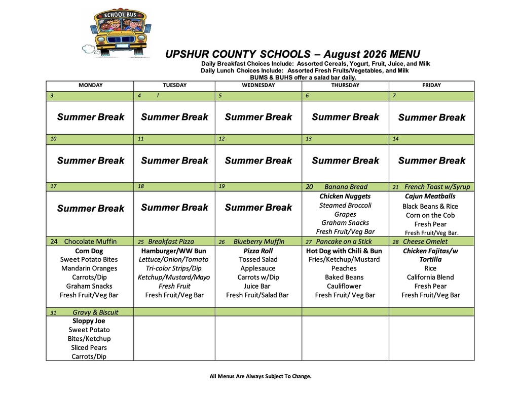 Upshur County Schools--August 2026 Menu