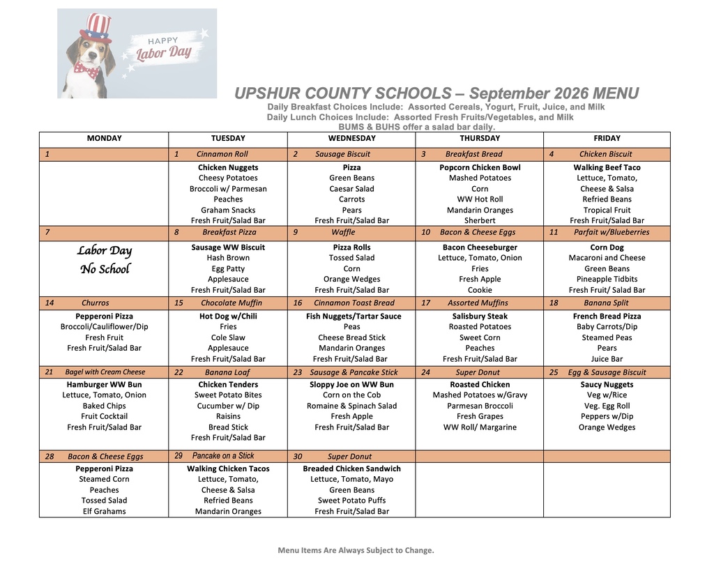 Upshur County Schools--September 2026 Menu