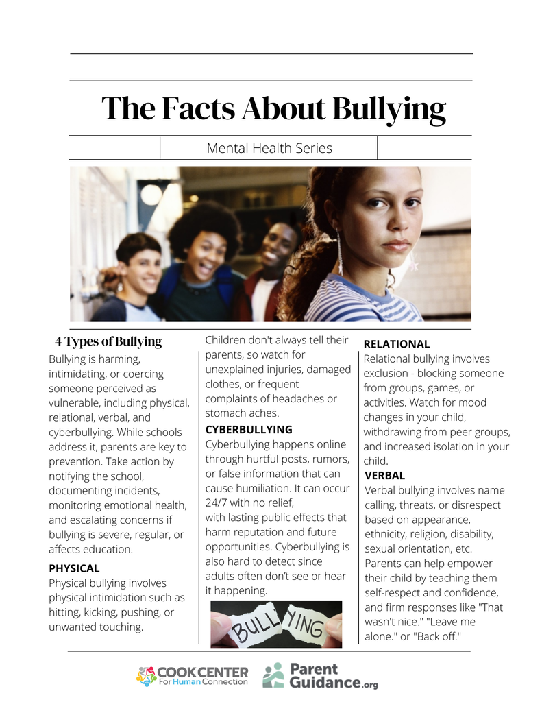 4 Types of Bullying Bullying is harming, intimidating, or coercing someone perceived as vulnerable, including physical, relational, verbal, and cyberbullying. While schools address it, parents are key to prevention. Take action by notifying the school, documenting incidents, monitoring emotional health, and escalating concerns if bullying is severe, regular, or affects education. PHYSICAL Physical bullying involves physical intimidation such as hitting, kicking, pushing, or unwanted touching. Children don't always tell their parents, so watch for unexplained injuries, damaged clothes, or frequent complaints of headaches or stomach aches. CYBERBULLYING Cyberbullying happens online through hurtful posts, rumors, or false information that can cause humiliation. It can occur 24/7 with no relief, with lasting public effects that harm reputation and future opportunities. Cyberbullying is also hard to detect since adults often don’t see or hear it happening. RELATIONAL Relational bullying involves exclusion - blocking someone from groups, games, or activities. Watch for mood changes in your child, withdrawing from peer groups, and increased isolation in your child. VERBAL Verbal bullying involves name calling, threats, or disrespect based on appearance, ethnicity, religion, disability, sexual orientation, etc. Parents can help empower their child by teaching them self-respect and confidence, and firm responses like "That wasn't nice. " "Leave me alone. " or "Back off. "