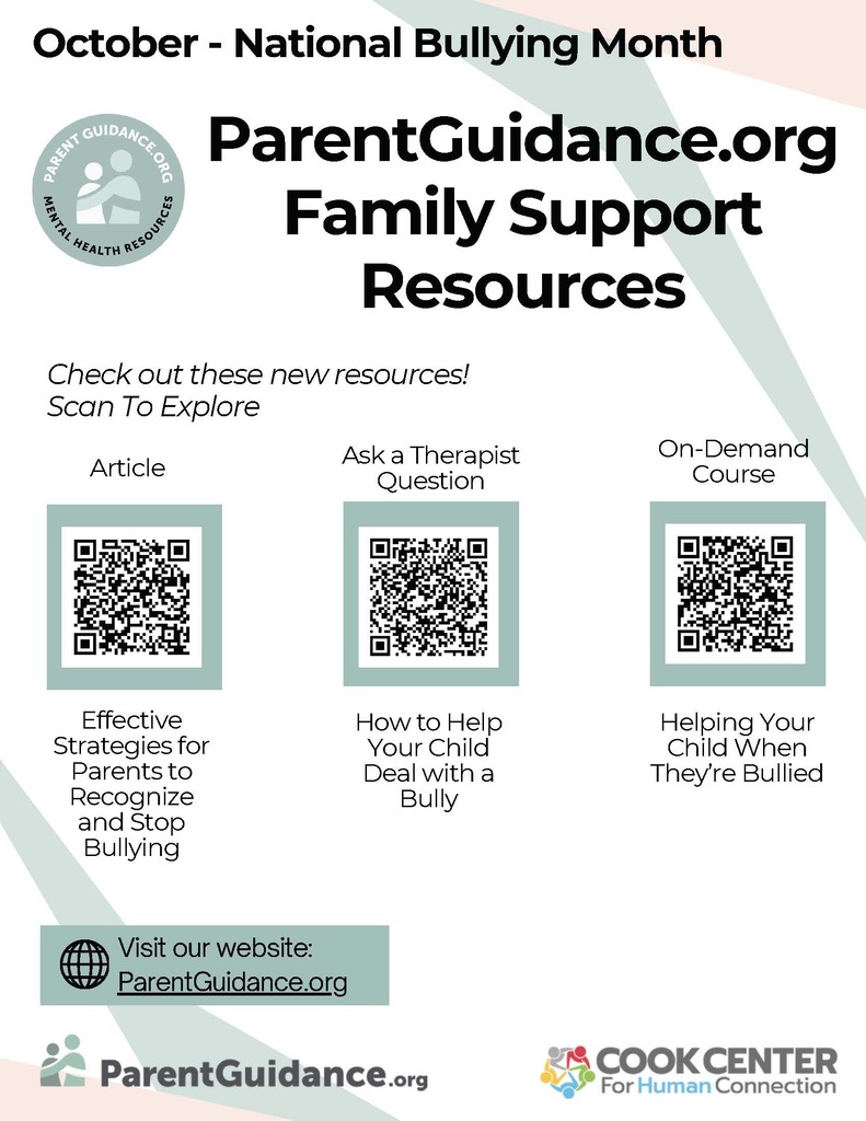 Article Ask a Therapist Question On-Demand Course Effective Strategies for Parents to Recognize and Stop Bullying How to Help Your Child Deal with a Bully Helping Your Child When They’re Bullied Check out these new resources! Scan To Explore ParentGuidance.org Family Support Resources Visit our website: ParentGuidance.org