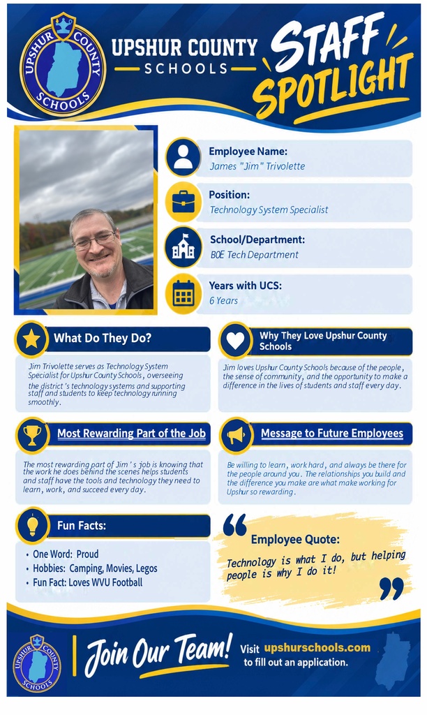 Staff Spotlight graphic from Upshur County Schools featuring a Technology System Specialist in the BOE Tech Department. The graphic lists: employee name James “Jim” Trivolette; position Technology System Specialist; school/department BOE Tech Department; and 6 years with Upshur County Schools. The spotlight describes responsibilities including overseeing district technology systems and supporting staff and students. Reasons for enjoying work include the people, community, and opportunity to make a difference. Favorite aspects of the job include helping students and staff access the technology they need to learn and succeed. Future employees are encouraged to be willing to learn, work hard, and support others. Fun facts include: one word description "Proud," hobbies of camping, movies, and Legos, and enjoyment of WVU football. Employee quote: “Technology is what I do, but helping people is why I do it!” The graphic includes a portrait photo and a recruitment message encouraging visitors to apply at upshurschools.com.