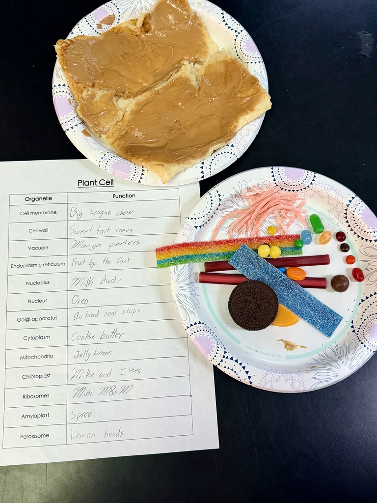 Butter spread on a toast, various candies, and a list of cell parts tied to the different kinds of candies. For more detailed information please call 304-472-9858.