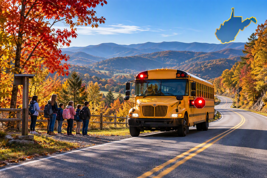 A bright yellow school bus travels along a winding rural road through the Appalachian Mountains during peak autumn color. The bus has its stop arm extended and red warning lights activated. A group of students with backpacks stands safely at a designated bus stop well away from the roadway behind a fence line. Vibrant red, orange, and gold fall foliage surrounds the scene, with rolling mountain ridges stretching across the background beneath a clear blue sky. A small outline of the state of West Virginia appears in the upper right corner. Warm morning sunlight illuminates the landscape, emphasizing student transportation safety, community connection, and rural school travel.