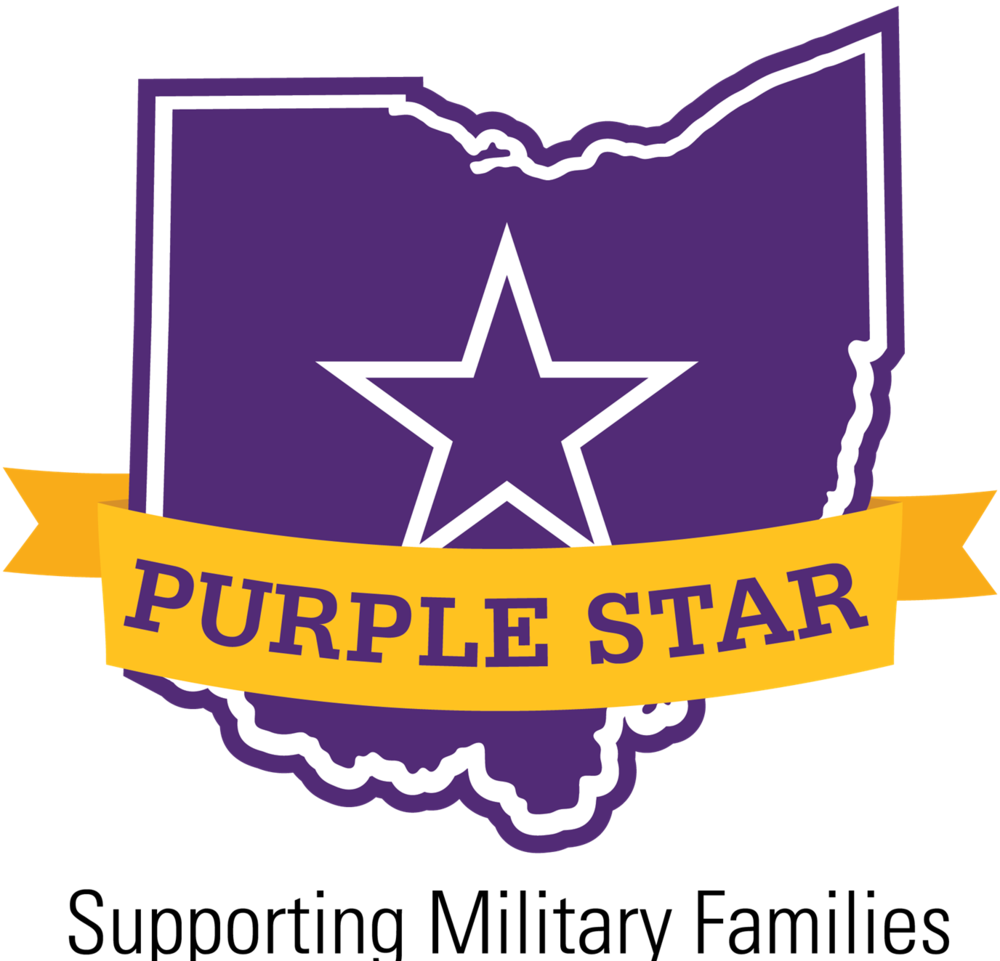 A purple outline of the state of Ohio featuring a large white star in the center, overlaid with a yellow banner reading PURPLE STAR in blue text.