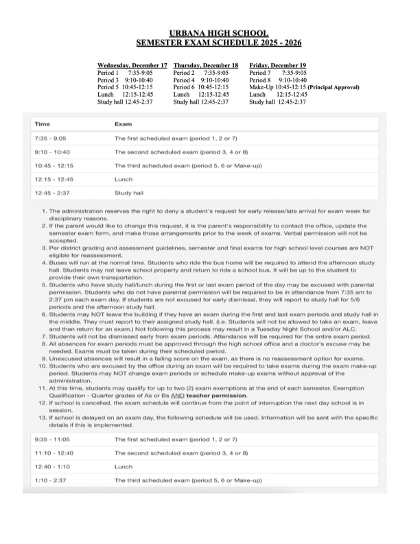 UHS Mid Term Exam Schedule
