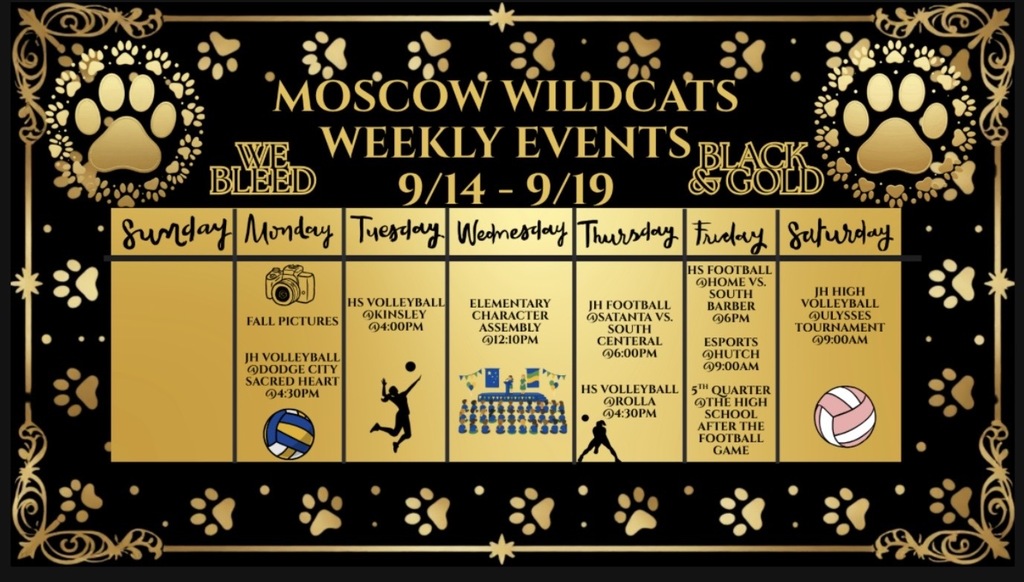 This week is busy for Wildcats! Monday is Fall Sports and Individual Pictures on Monday and Junior High Volleyball @ DCSH. Tuesday is HS Volleyball @ Kinsley. Wednesday is Elementary Character Assembly. Thursday is JH Football @ Satanta and HS Volleyball @ Rolla. Friday is ESports @ Hutch, HS Football @ Home with a 5th Quarter Party After. Saturday is the JH Volleyball Tournament all day.