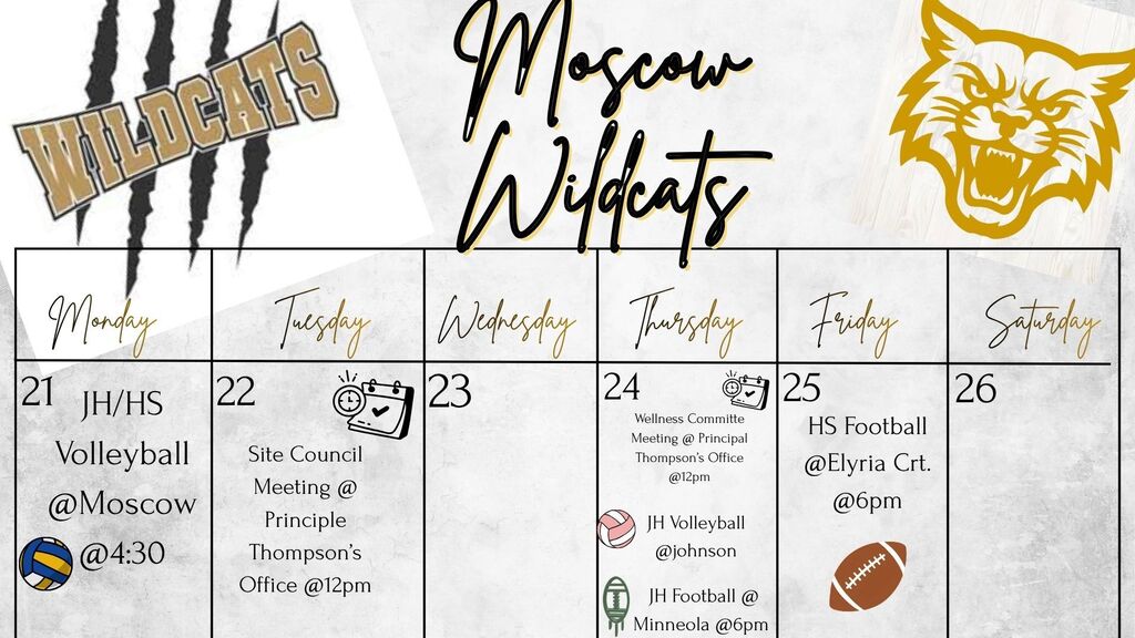 Activities for the week of 9/21 through 9/26. Monday: JH-HS Volleyball @ Moscow Tuesday: Site Council Meeting Wednesday: Thursday: Wellness Committee Meeting , JH Volleyball @ Johnson, JH Football @ Minneola Friday: HS Football @ Elryia Christian in McPherson https://aptg.co/q1crF9