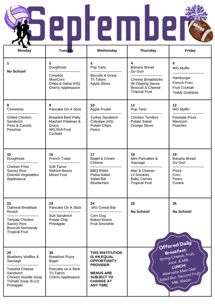 September 2025 Lunch Menu