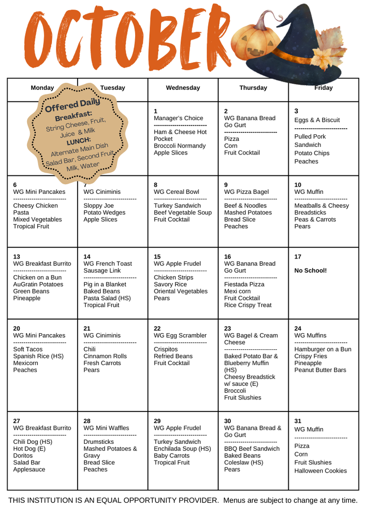 October 2025 Menu