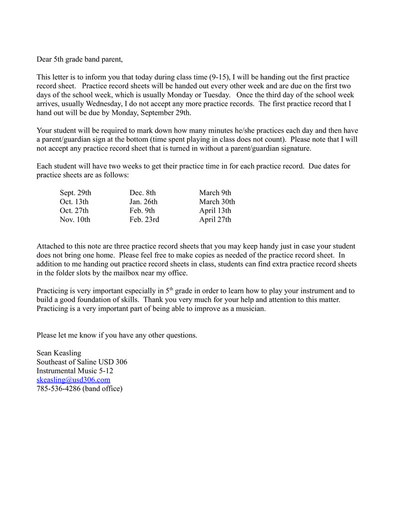 5th Band practice sheet letter