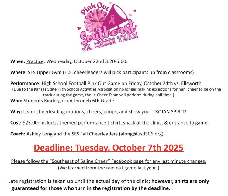 Jr. Cheer Team sign up is due on Tuesday! Get signed up and cheer on the Trojans for our Pink Out football game on October 24th.