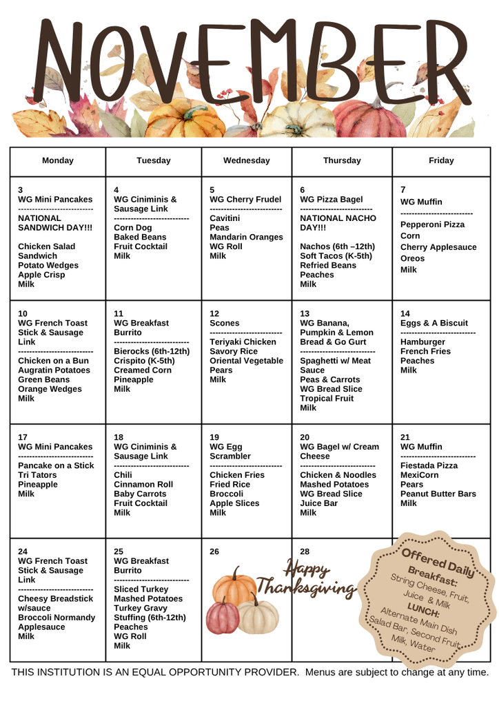 November 2025 Menu