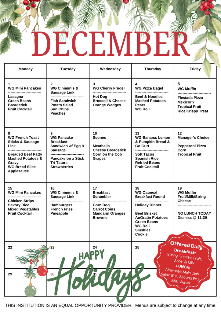 December 2025 Menu