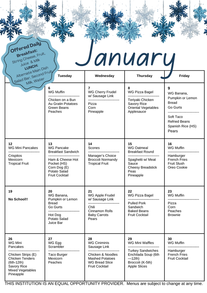January 2026 Menu