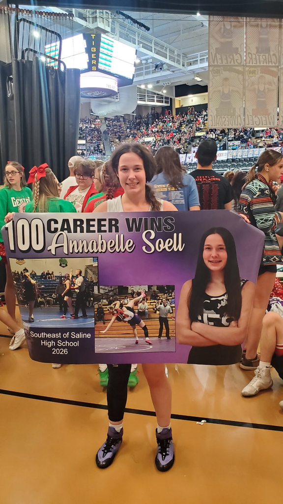 Annabelle Soell achieved her 100th win on the first round of KSHSAA 321A Girls State Wrestling at Fort Hays. She is currently ranked #2 in 321A and #9 All-Class for 140lb weight class.
