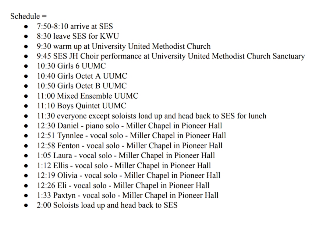 NCAA JH League Music Fest Schedule for SES