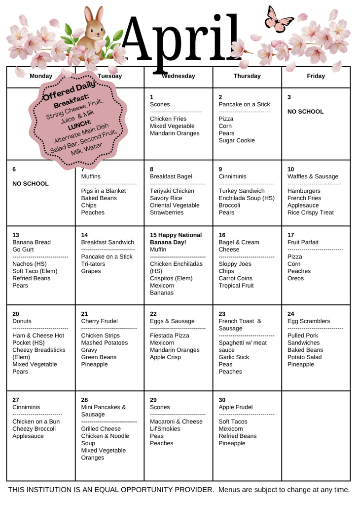 April 2026 Menu