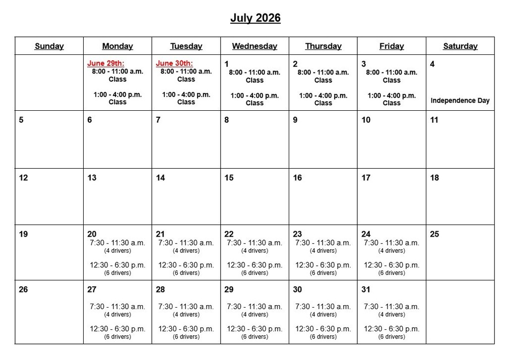 July Schedule