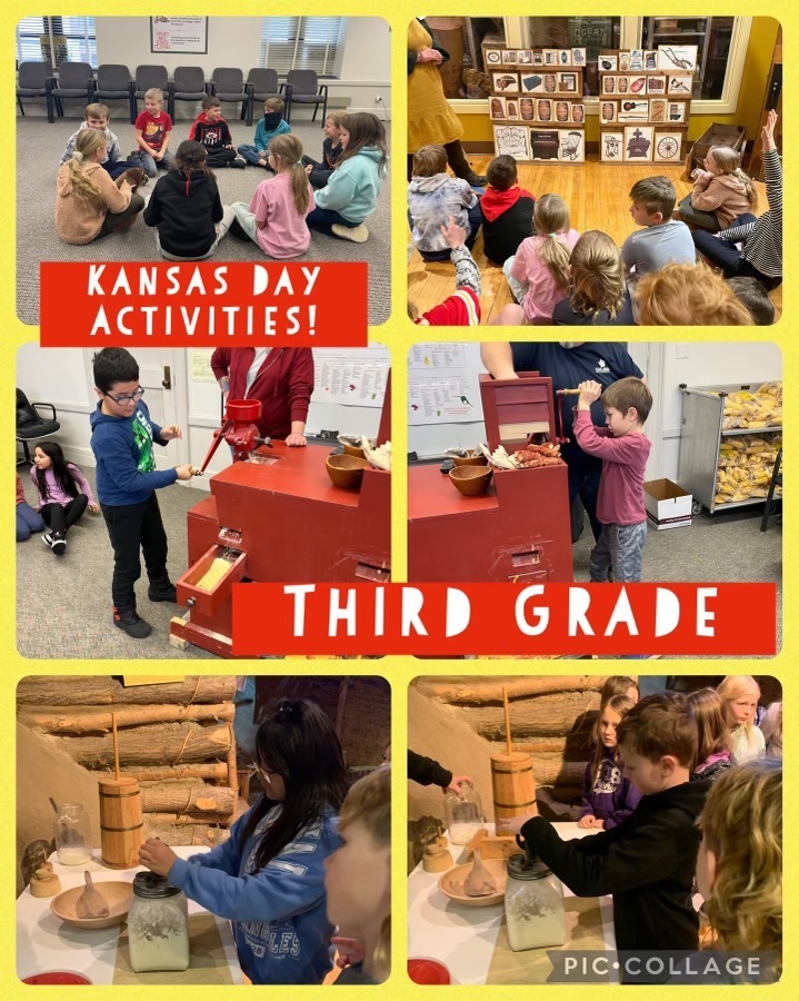 3rd Graders had a great time learning about how Kansans lived in the 1860s. We churned butter, ground corn, packed a covered wagon and played pioneer games! Thank you to the Smoky Hill Museum for inviting us.