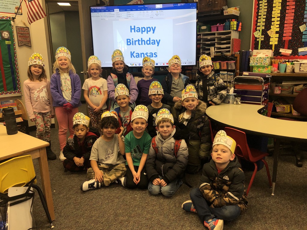 Mrs. Kejr’s 5th grade students helped Mrs. McBride’s kindergarten students learn all about Kansas, and they helped the kindergarten students make hats to help celebrate Kansas Day. Happy Birthday