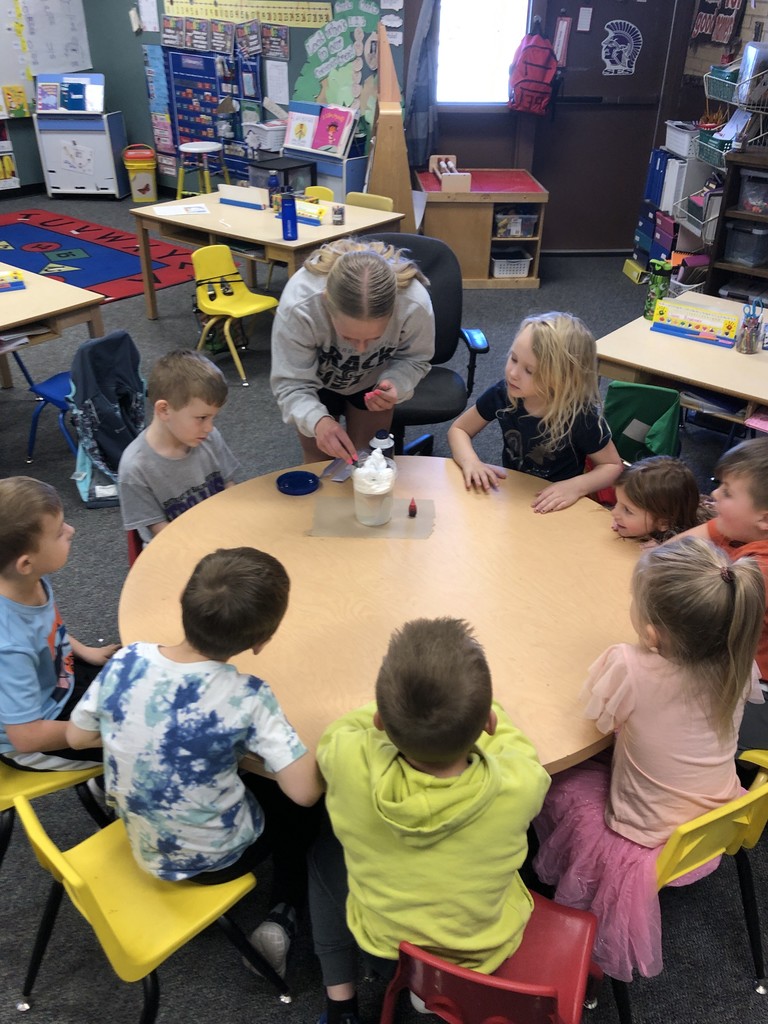 Learning about the water cycle is a lot of fun when Mr. Peterson’s junior high students make interesting lessons! Mrs. McBride’s kindergarten class was very excited to make clouds and learn about the weather diorama.