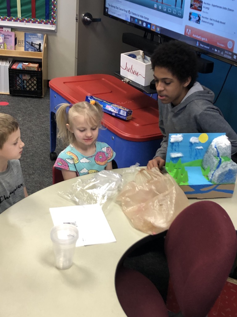 Learning about the water cycle is a lot of fun when Mr. Peterson’s junior high students make interesting lessons! Mrs. McBride’s kindergarten class was very excited to make clouds and learn about the weather diorama.