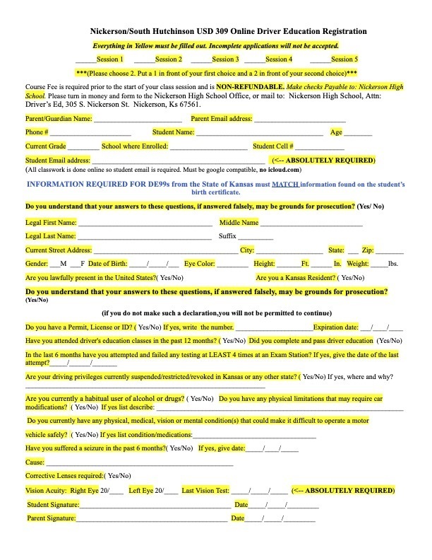 Driver's Ed Registration Form