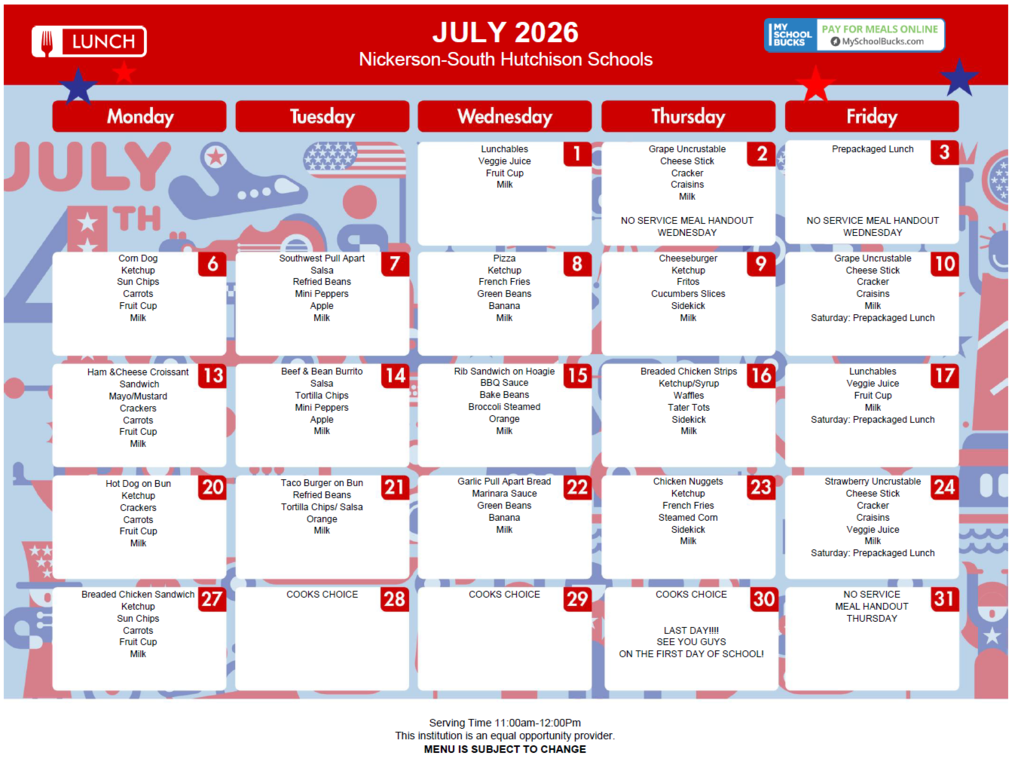 July Breakfast and Lunch Menus