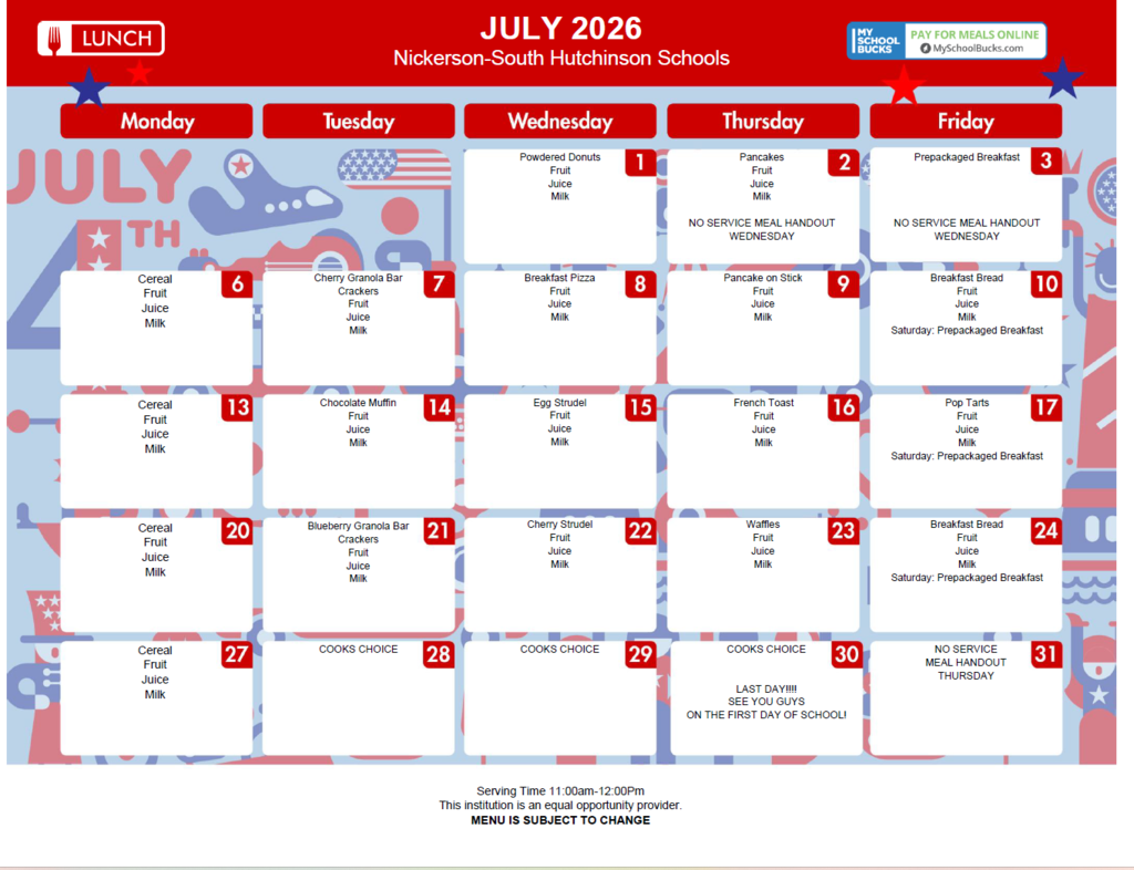 July Breakfast and Lunch Menus