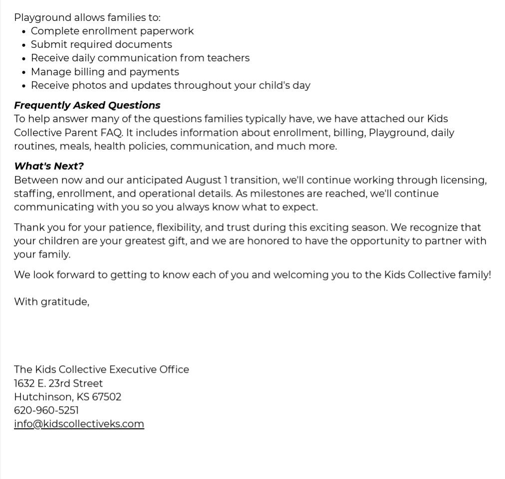 Daycare parent welcome letter