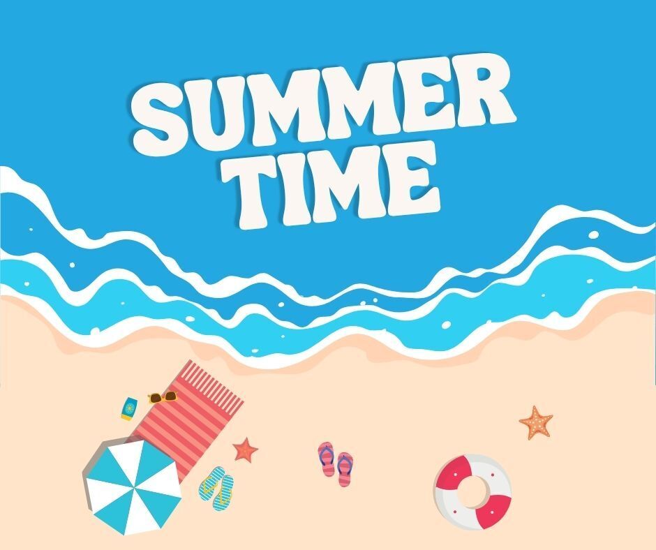 Summer Time Graphic, Beach scene with waves, chair, flip flops, starfish and float