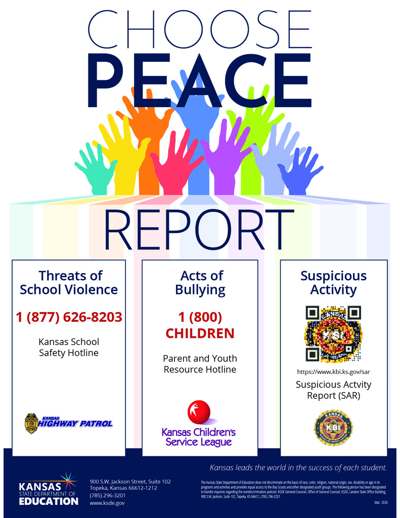 Choose Peace anti-bullying poster.  White poster with multi-colored hands and information about reporting bullying