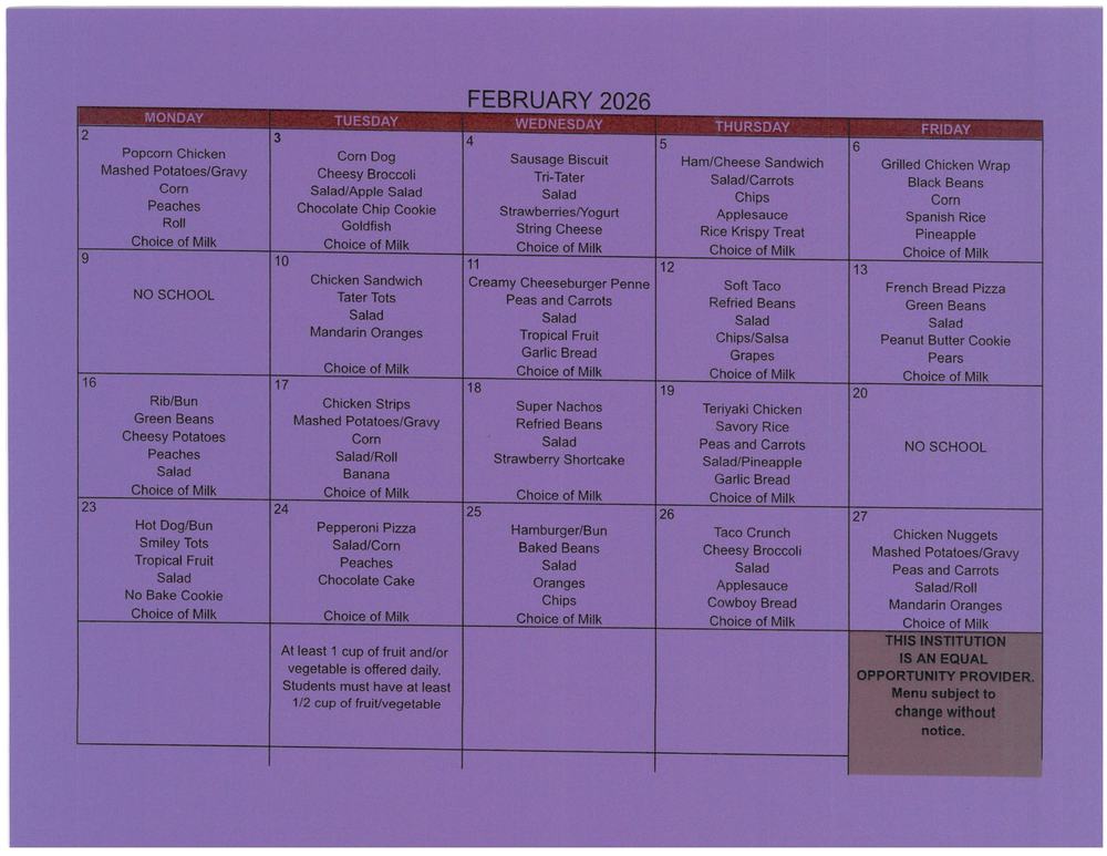February Lunch Menu