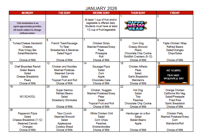 January Lunch Menu