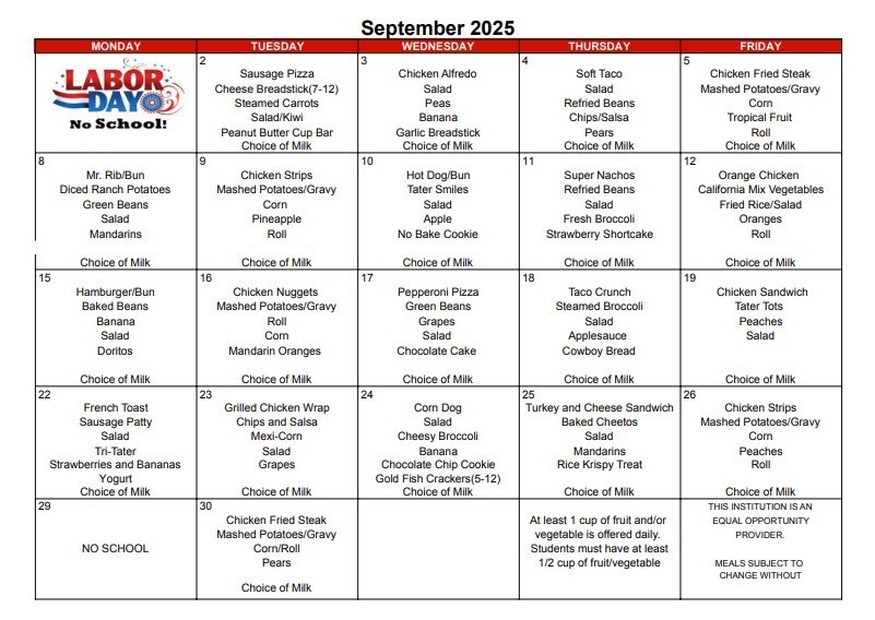 September Lunch Menu