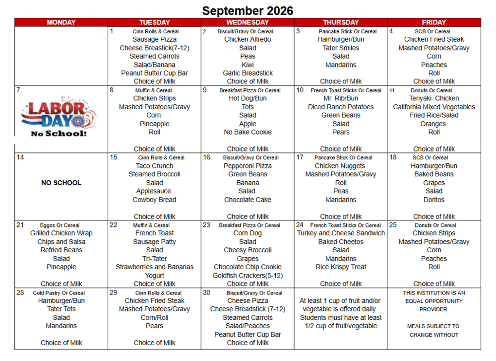 September Lunch Menu