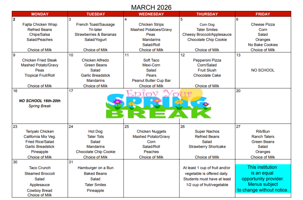 March Lunch Menu