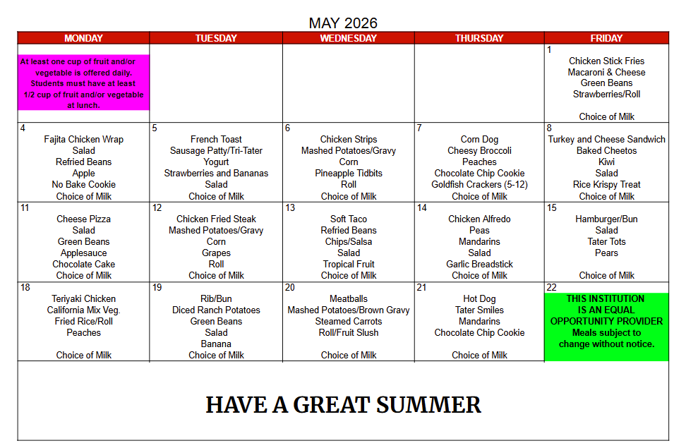 May Lunch Menu