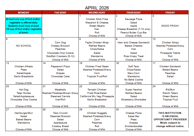 April Lunch Menu