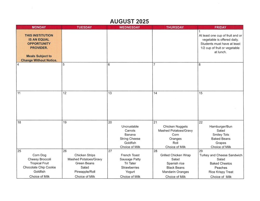 August 2025 Lunch Menu