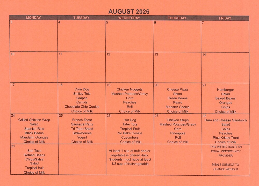 August Lunch Menu