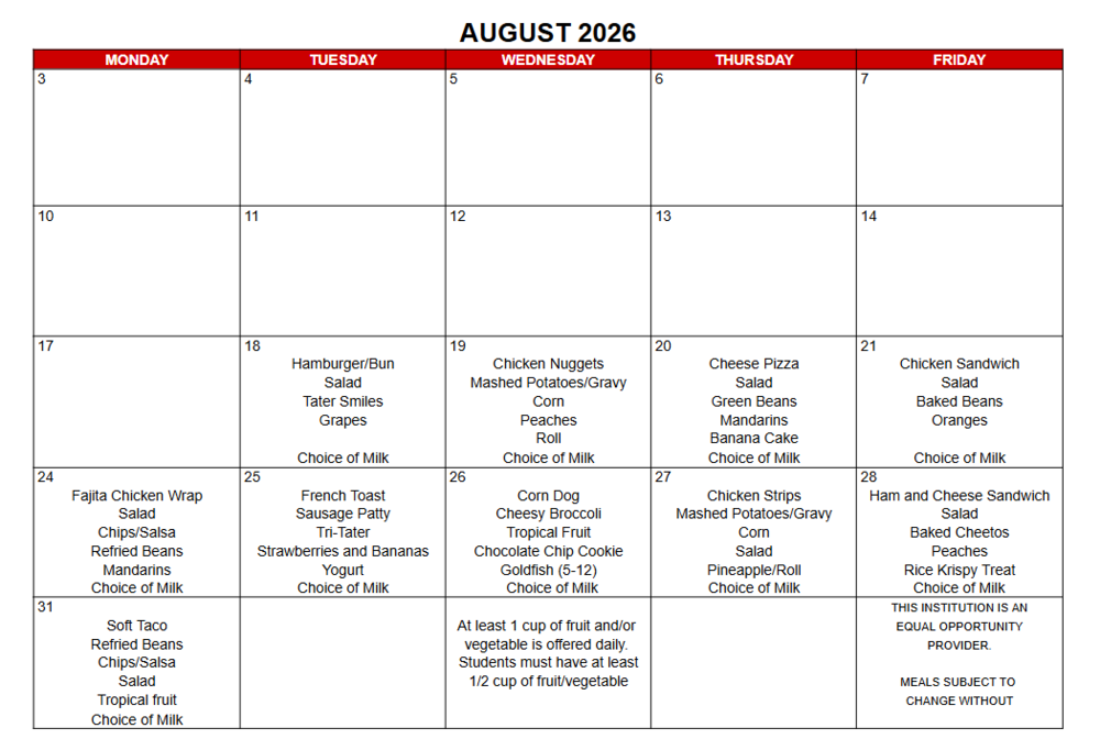 August Lunch Menu