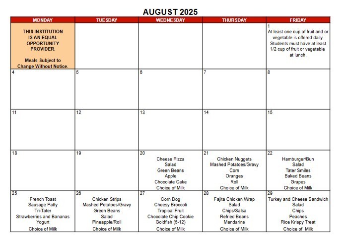 August 2025 Lunch Menu