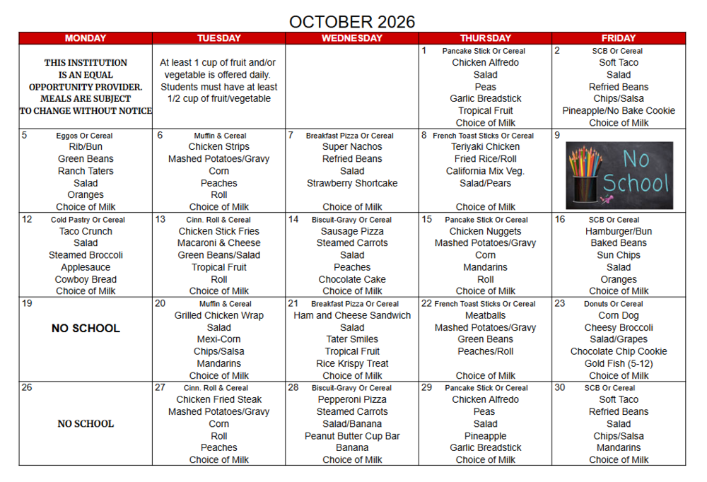October Lunch Menu